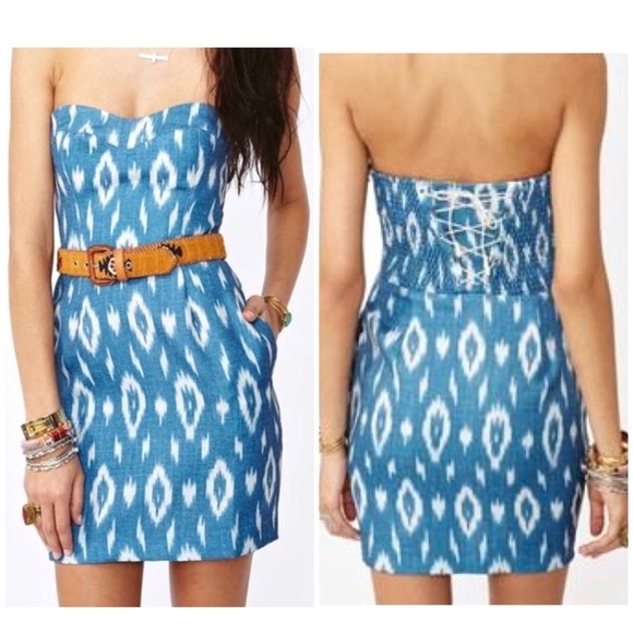 Dolce Vita Ikat Print Strapless Lace up Back Mini Dress in Mid Indigo Blue - Picture 2 of 8